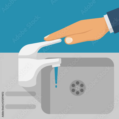 The man closes the hand faucet. Save water. Shut off the water. Vector illustration flat design. Isolated on background. Care for saving resources.