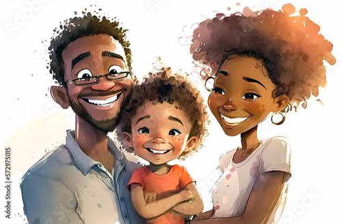 Happy african american family with son. Smiling cartoon mother, father and son. Watercolor portrait on white background. photo