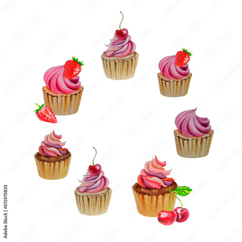 A wreath of cupcakes. Watercolor illustration. Delicious sweets. Pie with strawberries and cherries. A wreath of cupcakes. Watercolor illustration. Delicious sweets. Pie with strawberries and cherries.