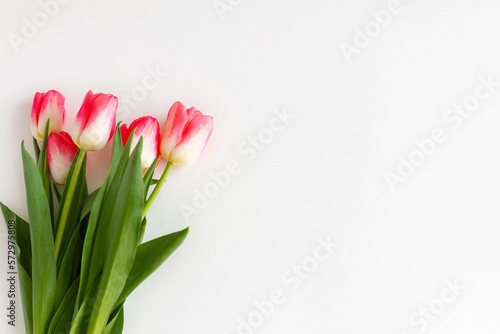 Fototapeta Naklejka Na Ścianę i Meble -  Pink tulip flowers bouquet on white background. Flat lay, top view. Selective focus. Shallow depth of field. Banner