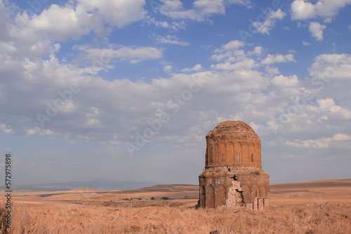 Ani site historical cities (Ani Harabeleri): first entry into Anatolia, an important trade route Silk Road in the Middle Agesand. Historical Church and temple at sunset in Ani, Kars, Turkey.