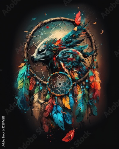Dreamcatcher illustration with a wolf. Colorful new age illustration. Generative AI