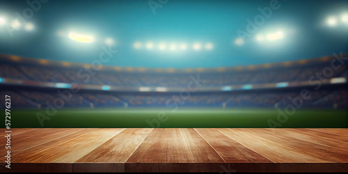 Empty wooden table top product display showcase stage with large sports stadium background. Generative ai