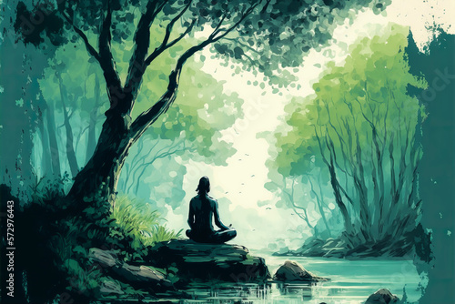 Person meditating in a peaceful natural setting, surrounded by trees and wildlife. Soft green colors, emotion of inner peace and relaxation. Generative AI © XaMaps