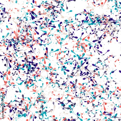 Ink or paint splashes on the white background. Purple, red, blue and light beige colors. Seamless pattern.