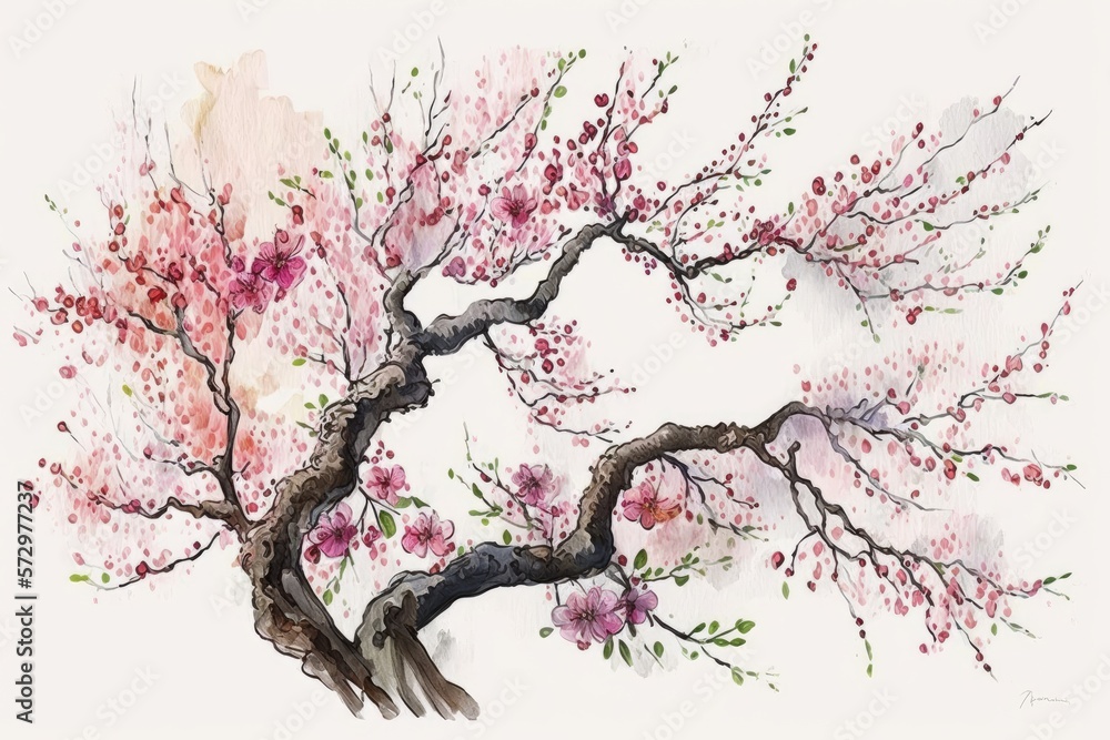 Watercolor Sakura on branches tree. Generative Ai