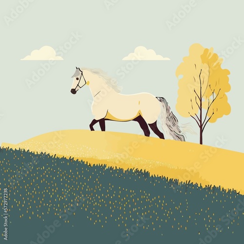 beautiful adult horse standing free in a field created with Generative AI technology