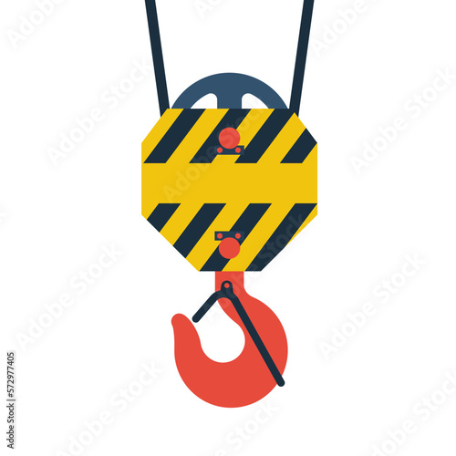 Crane hook isolated on a white background. Industrial steel hook tower crane. Steel tower crane hook, yellow with black stripe. Lifting large loads. Vector illustration flat design.