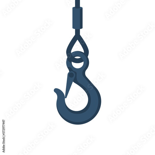 Lifting hook with rope isolated on a white background. Lifting large loads. Industrial steel hook tower crane. Vector illustration flat design.