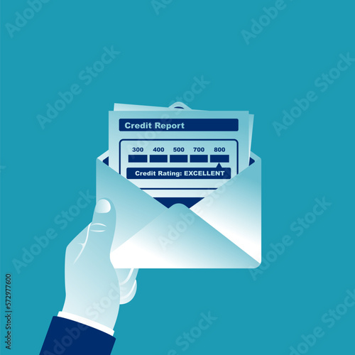 Credit report. A man holds an envelope with a credit report document. Personal financial history. Vector illustration flat design. Isolated on white background.