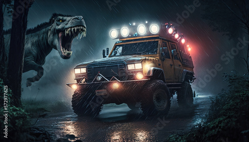 A large dinosaur charges towards a utility vehicle in the rainy forest. Fantasy concept, good for a book cover or illustration.