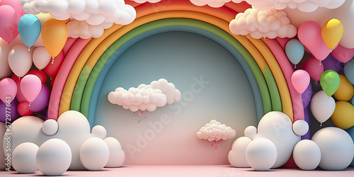 generative ai illustration, abstract 3d rainbow with clouds and colorful balloons