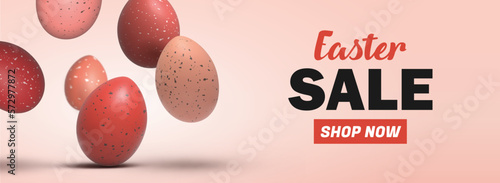 Red and pink aster eggs flying. Vector sale banner.