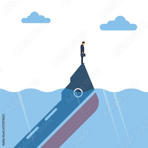 Sinking ship as a metaphor for a loss-making business. Failed idea or financial crisis. A sad businessman stands on a sinking ship. Vector illustration flat design.