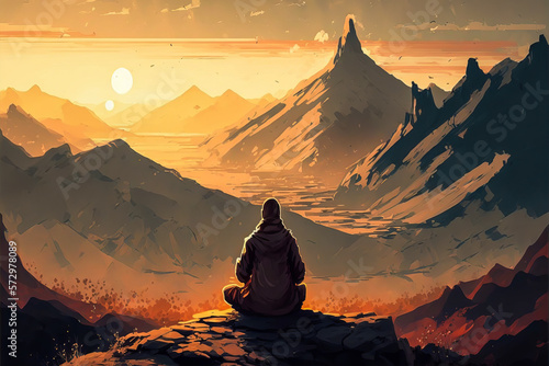A person sitting on top of a mountain, surrounded by a peaceful landscape and a radiant sun. A serene atmosphere ideal for finding inner peace and clarity. Generative AI