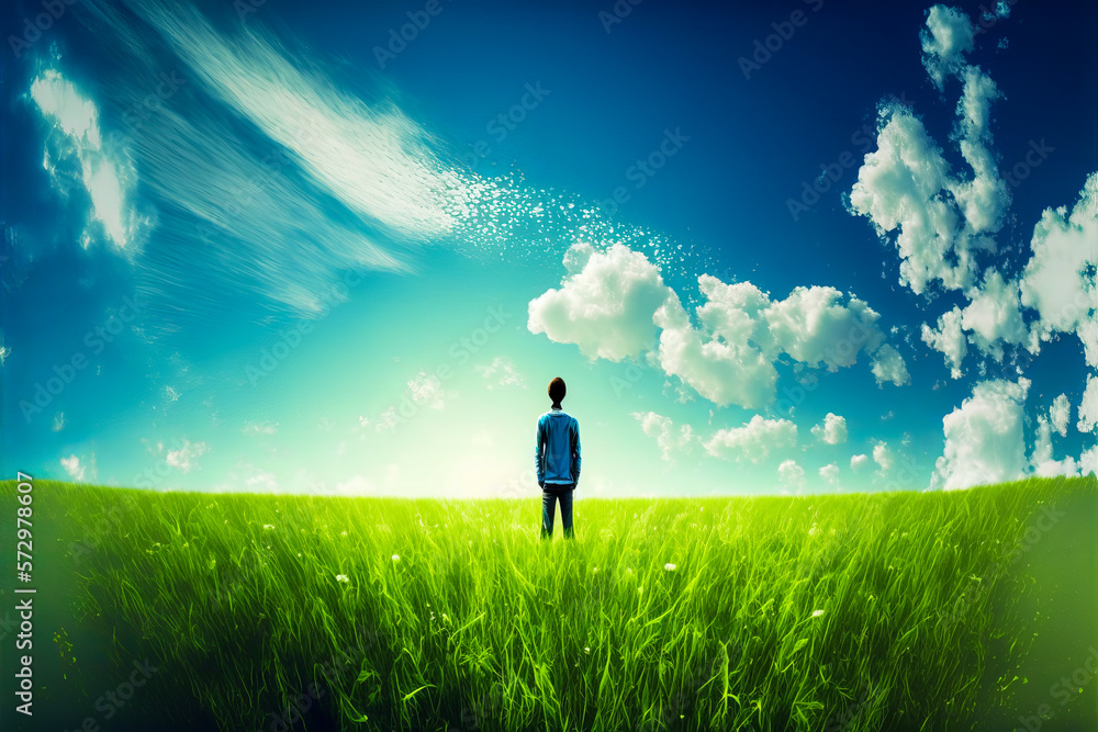 Experience nature and its colors: person standing in a grass field, bright blue sky. A realistic style that offers solutions to save the environment. Generative AI Experience nature and its colors: person standing in a grass field, bright blue sky. A realistic style that offers solutions to save the environment. Generative AI