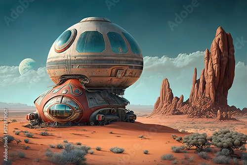 Science fiction planet's landscape, space ship landed