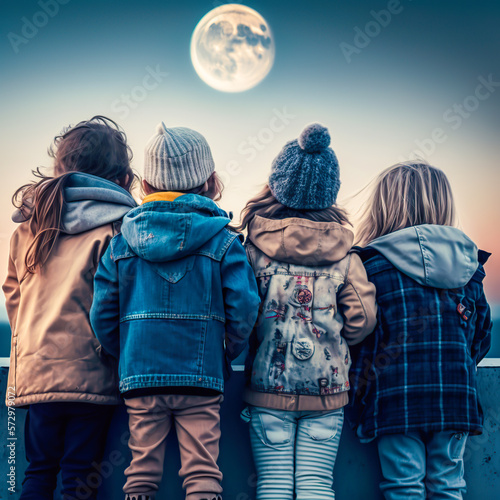 Group of little kids on rooftop at night looking at the moon in sky together. generative AI.