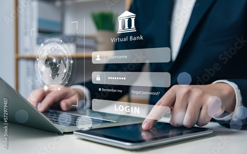 Foto virtual bank or online banking, log in cyber security concept, businessman touching tablet to login financial ecosystem, password, data protection, secure internet access, cyberspace, financial
