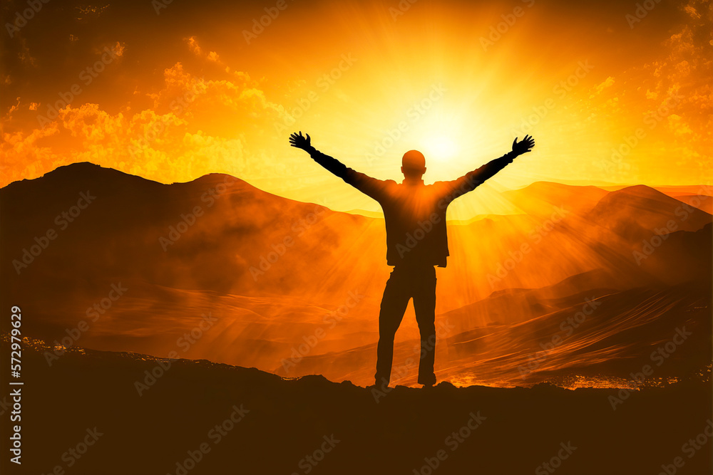Person standing in front of sunset with arms outstretched, feeling of happiness associated with the use of renewable energy solutions.Realistic, warm colors. Generative AI