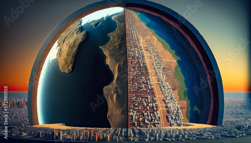 Cross section of planet Earth with Los Angeles landmarks - Generative AI
