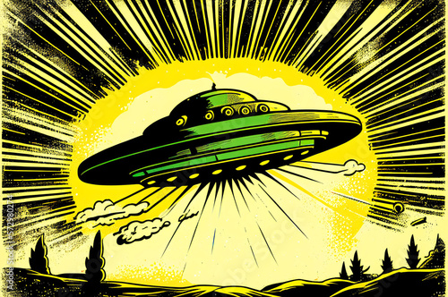 Extraterrestrial UFO Flying Saucer, dynamic view, colorful illustration in Retro 60s and 70s Poster Style, generative ai