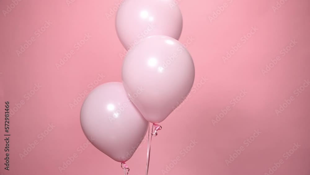 Monochrome still life with bunch of pink pastel balloons, object for birthday party or celebration event, isolated on pink color background. Frosted inflatable balloons cannot take off. Copy ad space Monochrome still life with bunch of pink pastel balloons, object for birthday party or celebration event, isolated on pink color background. Frosted inflatable balloons cannot take off. Copy ad space