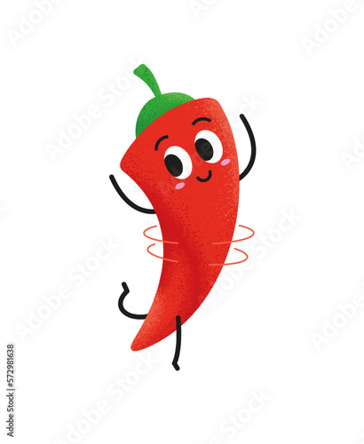 Cute chilli pepper character vector illustration. Happy red chilli dancing and rotating. Cartoon characters for kids colouring book, colouring pages, t-shirt print, icon, logo, label, sticker.