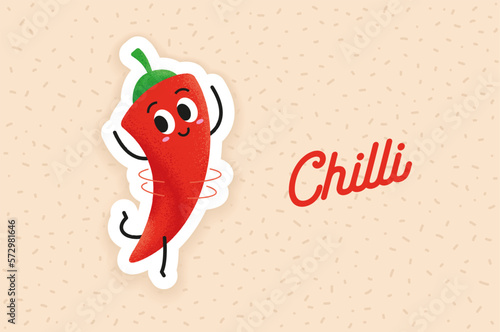Cute chilli pepper character vector illustration. Happy red chilli dancing and rotating. Cartoon characters for kids colouring book, colouring pages, t-shirt print, icon, label, sticker.