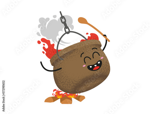Happy cauldron on the campfire, colourful hand drawn vector illustration. Cute swinging pot cook the dinner. Playful cartoon character with happy face. Camping concept element for children books.