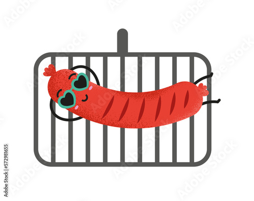 Cute bbq party with a sausage laying on the grill. Kawaii sausage character wearing sunglasses. Menu invitation card or t-shirt graphic design element.