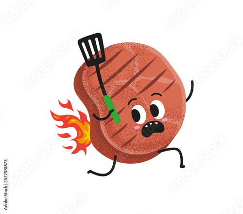 Grill party minimal vector illustration design.  Cute grill meat running with barbecue turner. Funny BBQ ham run with burning back. Beef steak with barbecue tool. Invitation card design element.