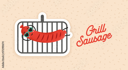 Cute bbq party with a sausage laying on the grill. Kawaii sausage character wearing sunglasses. Menu invitation card or t-shirt graphic design element.