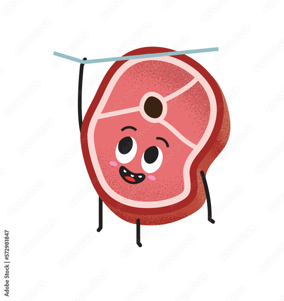 Vetor de Cute slice of meat hanging on a rope funny design concept