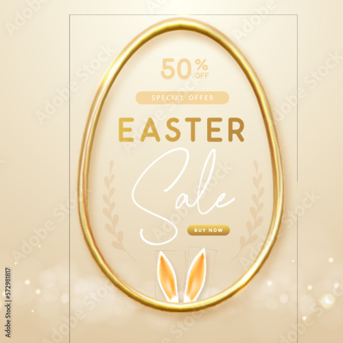 Happy Easter typography big sale poster with gold easter egg and rabbit ears. Greeting card or poster. Vector illustration