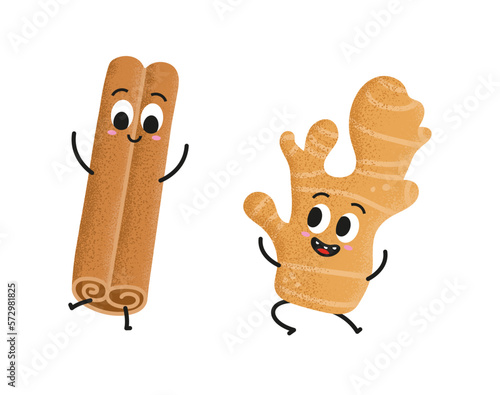 Cute ginger and happy cinnamon dance on white background. Cute cartoon spice character set. Rolled cinnamon stick and aromatic ginger jumping and having fun. Illustration for kids.