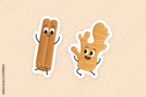 Cute ginger and happy cinnamon dance. Cute cartoon spice character set. Rolled cinnamon stick and aromatic ginger stickers jumping and having fun. Illustration for kids. Cool shirt design.