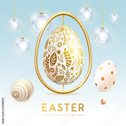 Happy Easter typography background with golden easter egg and electric lamps. Greeting card or poster. Vector illustration photo