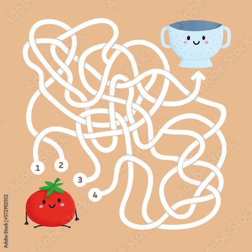 Find the right path logic quest for kids. Help cute tomato find the right path to bowl. Happy labyrinth. Colour maze game vector illustration. Kids worksheets. Online game. Find exit from the maze.