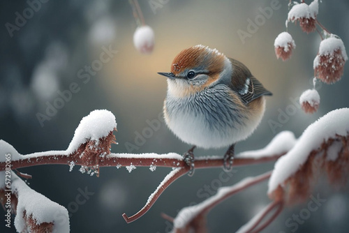 Adorable Tiny Bird Perched on a Snow-Covered Branch in a Winter Wonderland: A Captivating and Heartwarming Shot for Nature Lovers and Birdwatchers, Generative AI