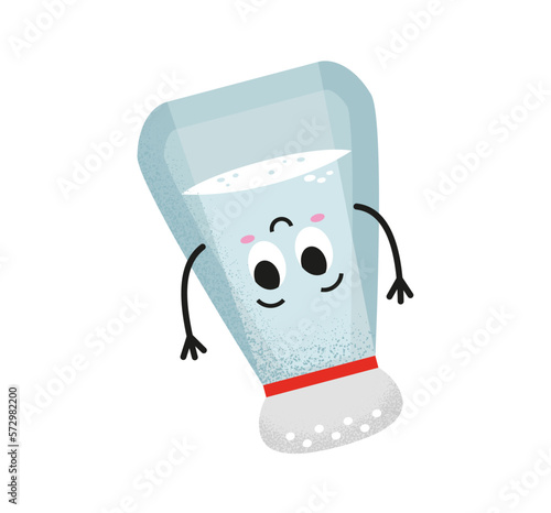 Happy salt shaker vector illustration for kids. Cute cartoon style spice isolated on white background. Upside down salt is smiling. Ideal for children gastronomy books as an illustration.