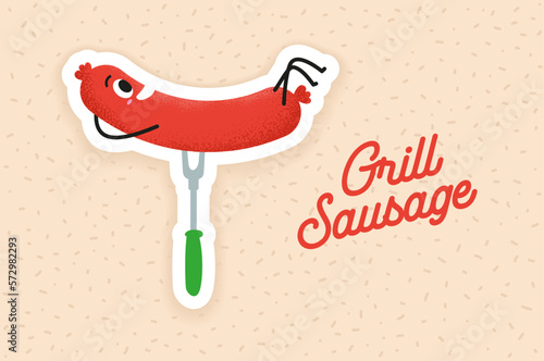 Happy grill sausage on a fork sticker. Cute grilled sausage for an invitation to a party. Vector illustration in flat design. Barbecue party icon on a pattern