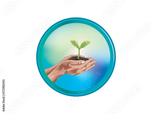 save green illustration. two hands holding a young plant
