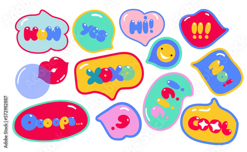 Speech bubbles with text. Colourful trendy letters in variety of shapes. Creative hand-drawn design set. All elements are isolated.