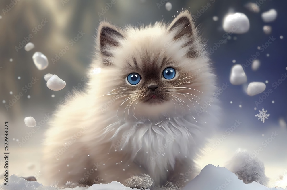 Birman Kitten Adorable Sitting On The Snow Generative AI Birman Kitten Adorable Sitting On The Snow Generative AI