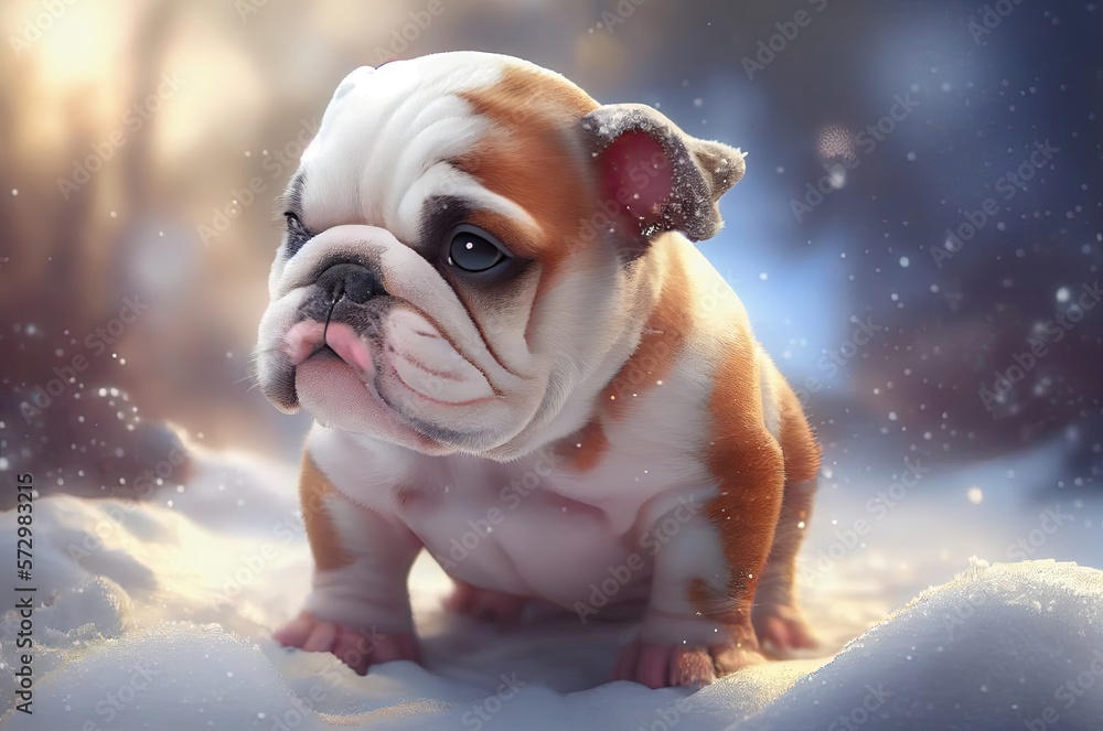 Bulldog Puppy Adorable Resting In The Snow Generative AI Bulldog Puppy Adorable Resting In The Snow Generative AI