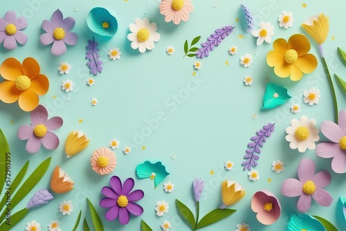 Top view of colorful paper cut flowers on cyan background with copy space