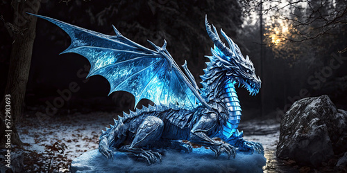 Bright Blue Ice Sculpture  Blue Dragon  Generative AI