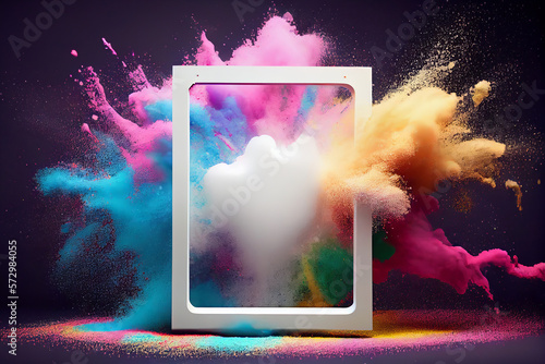 Product display frame with colorful powder paint explosion. Generative ai