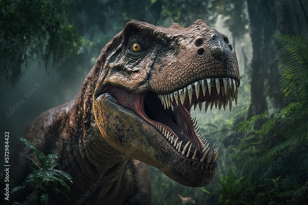 Ilustração do Stock: Angry Tyrannosaurus Rex face in Jungle ,Landscape  forest in the background,Generative AI | Adobe Stock